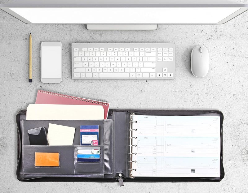 2Fold Zippered Business Checkbook Binder - 7 Ring Binder for Business Checks with Built-in Organizer and Card Case - PU Leather Portfolio for up to 600 3-Up Checks (Gray) - Image 2